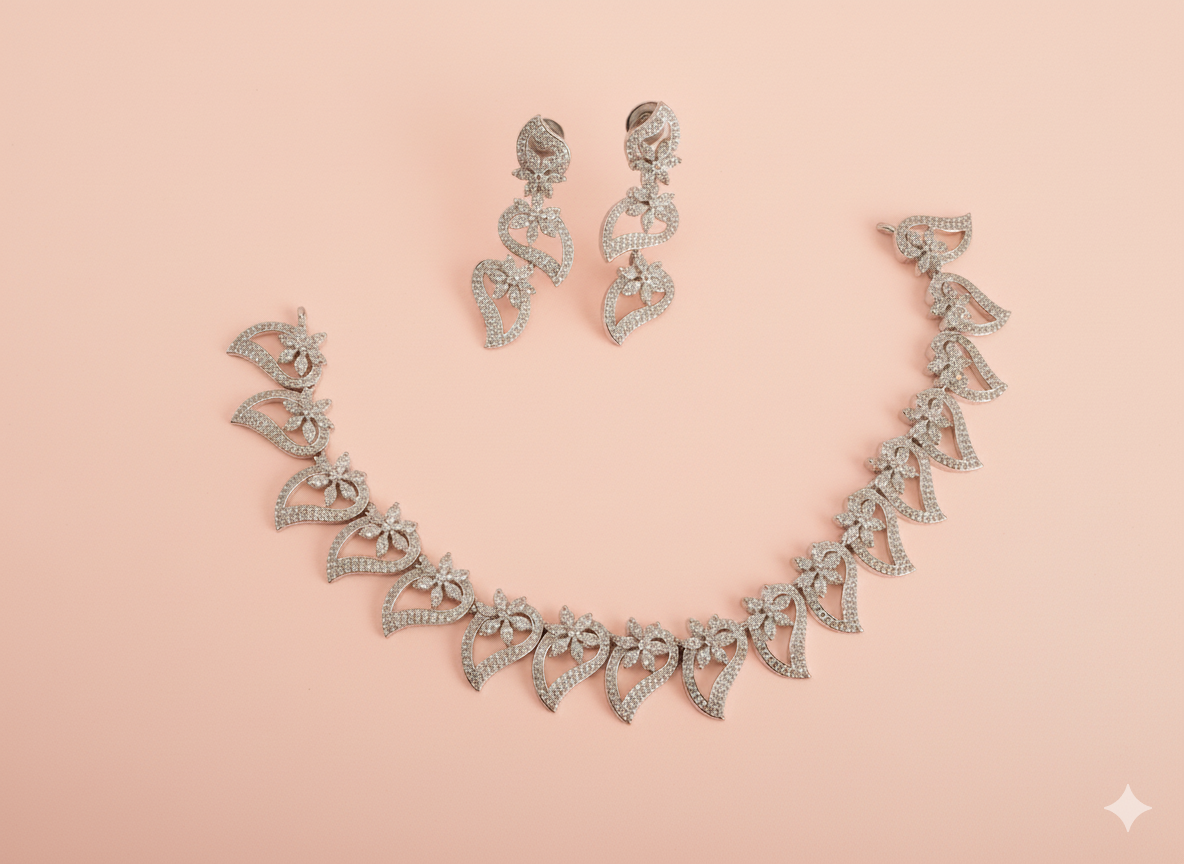 Rhodium Plated Leaf Delicate Floral Vine Jewelry Set